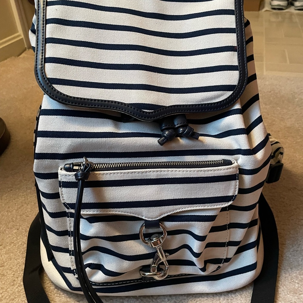 BRAND NEW REBECCA MINKOFF Designer backpack. Blue/white striped canvas.